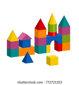 Bright Colorful Wooden Blocks Toy. Bricks Childrens Building Tower, Castle, House. Vector Volume Style Illustration Isolated On White Background.