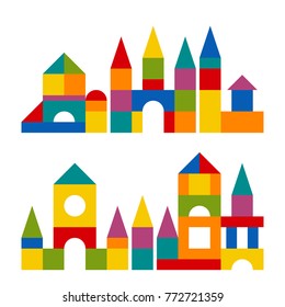 Bright Colorful Wooden Blocks Toy. Bricks Childrens Building Tower, Castle, House. Vector Flat Style Illustration Isolated On White Background.