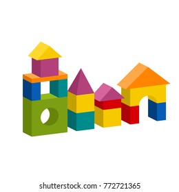 Bright colorful wooden blocks toy. Bricks childrens building tower, castle, house. Vector volume style illustration isolated on white background.