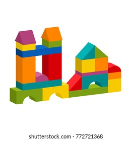 Bright Colorful Wooden Blocks Toy. Bricks Childrens Building Tower, Castle, House. Vector Volume Style Illustration Isolated On White Background.