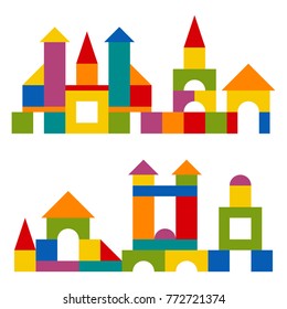 Bright colorful wooden blocks toy. Bricks childrens building tower, castle, house. Vector flat style illustration isolated on white background.