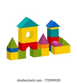 Bright Colorful Wooden Blocks Toy. Bricks Childrens Building Tower, Castle, House. Vector Volume Style Illustration Isolated On White Background.