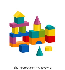 Bright colorful wooden blocks toy. Bricks childrens building tower, castle, house. Vector volume style illustration isolated on white background.