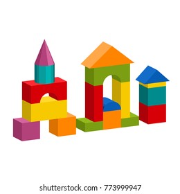 Bright colorful wooden blocks toy. Bricks childrens building tower, castle, house. Vector volume style illustration isolated on white background.