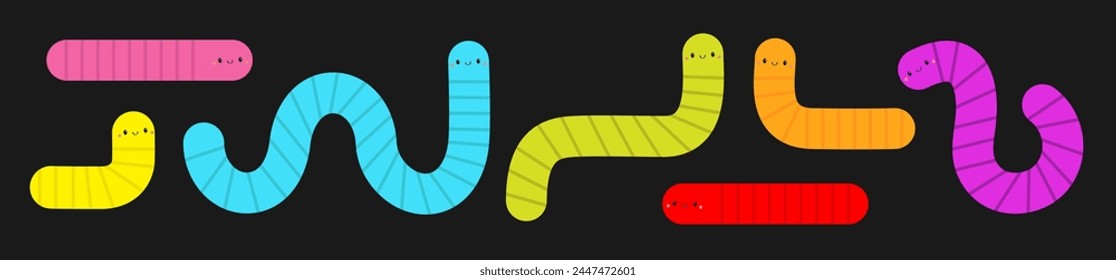 Bright colorful worm set. Earthworm icon insect. Cartoon funny kawaii baby animal character. Cute crawling bug collection. Smiling face. Geometric line shape. Flat design. Black background. Vector