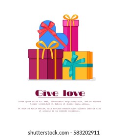 Bright colorful wrapped gift boxes in pile. Stack of packed in holiday paper presents isolated on white background. Flat vector illustration for greeting card.