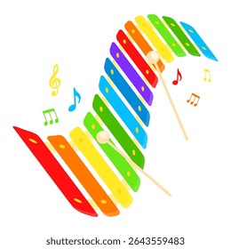 Bright colorful xylophone made of wooden plates in rainbow colors of different lengths. Wooden sticks knocking areas us extracting notes of the melody. Flat vector isolated on white background