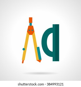 Bright colorful yellow compasses and blue protractor. Tools for drawing, geometry, engineering and design. Vector icon flat color style. Web design element for site, mobile and business.