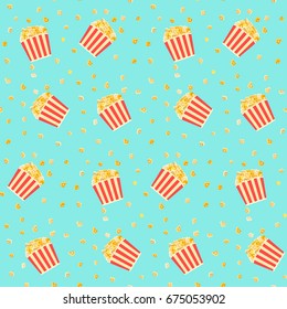 Bright colorful yellow popcorn in red striped boxes on blue background seamless pattern. Cinema food texture for banners, covers, print, textile, backgrounds, wallpaper