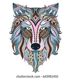 Bright colorful of zendoodle wolf head for design element. Vector illustration