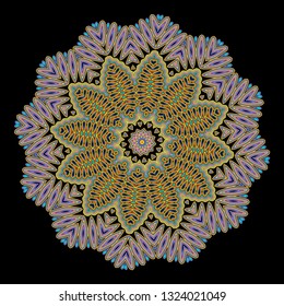 Bright colorfull abstract flame mandala flower, ornamental floral round pattern on black background. Yoga, - theme.