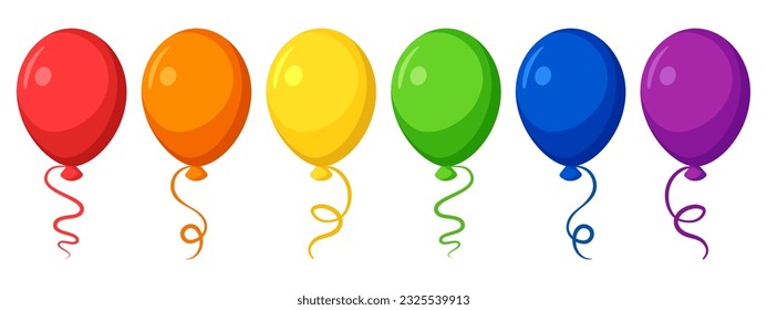 Bright colorfull flying bballons in rainbow colors - red, orange, yellow, green, blue and purple. Vector illustration in cartoon style. Set of isolated design elements for party decoration, greeting