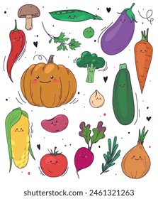 Bright colorfull vector set of different cute smiling vegetarian products: vegetables, mushrooms, beans, greenery. Hand drawn illustration of ingredient characters