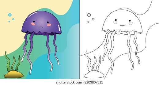Bright coloring book for children with an example. Marine theme. A small cute purple jellyfish in the middle of the ocean, with a rock nearby. Easy level for children. Vector. 