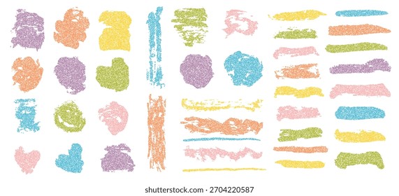 Cores brilhantes conjunto abstrato de pontos pontilhados padrão texturizado formas redondas e traçados de pincel. Vetor amarelo, verde, azul. Coral pincel silhueta elementos com textura de grão para design gráfico