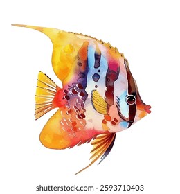 Bright colors angelfishvector illustration isolated on white background. Purple yellow red orange fish with short tail and nice fins. Marine or river water animal.