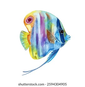 Bright colors angelfishvector illustration isolated on white background. Blue orange fish with short tail and nice fins. Marine or river water animal. Decorative tropical fish