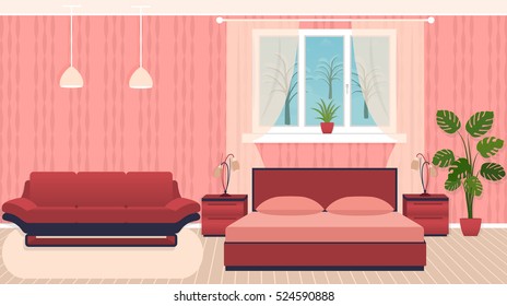 Bright colors bedroom interior with furniture and winter landscape outside the window. Vector illustration. Flat style. 