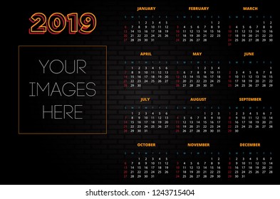 Bright Colors Calendar 2019 on Dark Wall Background. Vector Illustration.