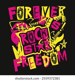 Bright colors create a bold artwork celebrating rock music. The design features guitars stars and motivating words that inspire freedom and individuality in a lively style.