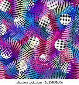 bright colors exotic leaves with geometric shapes background. patchwork seamless pattern. vector illustration - eps 8