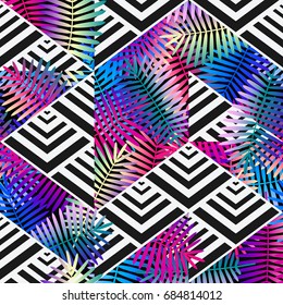 bright colors exotic leaves on geometric background. patchwork seamless pattern. vector illustration - eps 8