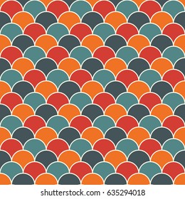 Bright colors fish scale wallpaper. Asian traditional ornament with repeated scallops. Seamless surface pattern with vivid semicircles. Grid motif. Digital paper. Vector illustration
