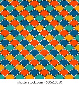 Bright colors fish scale wallpaper. Asian traditional ornament with repeated scallops. Seamless surface pattern with vivid semicircles. Grid motif. Digital paper. Vector illustration