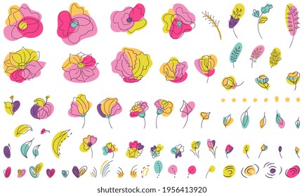 Bright colors floral summer elements with line-art trend. Stylized neon color flowers and blades and leaves and spots