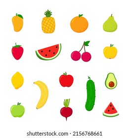 bright colors of fruits vector collections. Set fruits are apple, banana, orange, pear, pineapple, strawberry and lemon. vector illustration in flat style.