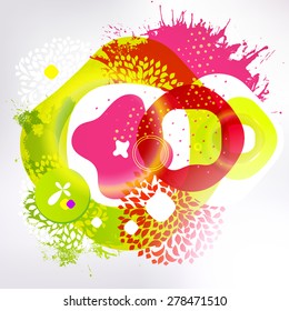 Bright colors fun background. Summer vector banner. Modern design, splashes and leaves.