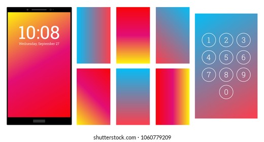 Bright colors gradient screen backgrounds set. Red and cyan numpad and screensaver kit. Vector wallpaper UI template for smartphone display. Device or gadget GUI for app, home or lock screen.