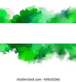 Bright colors of green foliage  large flow of watercolor stains isolated on white background with white frame for text.