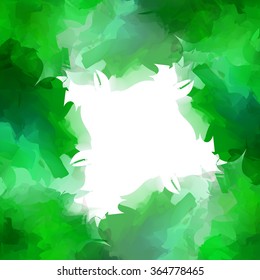 Bright colors of green foliage rough square frame of isolated watercolor stains.