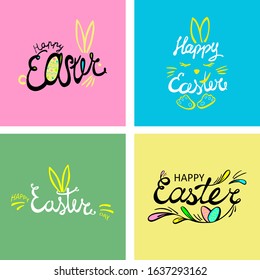 Bright colors happy Easter Hand drawn calligraphy and brush pen lettering set. Vector Concept Design for holiday greeting card and invitation of the happy spring Easter day with rabbit and egg.