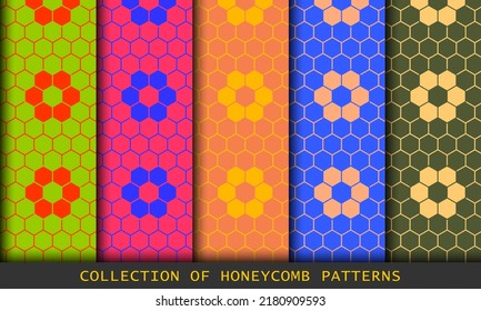 Helle Farben Honeycombs Set von geometrischen Mustern. Abstraktes geometrisches Design von Hexagons