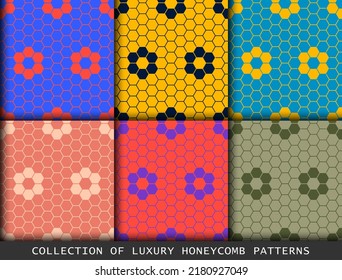 Bright colors Honeycombs set of geometric patterns. Abstract hexagons geometric design