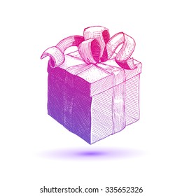 Bright colors ink drawing vector Gift Box with ribbon illustration with style preview. Retro style linear sketch vector. Vintage gift symbol. 