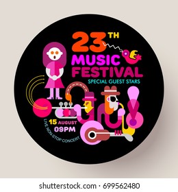 Bright colors on a round shape black background Music Festival vector template design. People playing musical instruments and woman sing a song. 