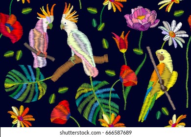 Bright colors palette. Seamless vector pattern with parrot, cockatoos flowers and palm leaves on black background. Stylized embroidered texture. Vintage motifs.