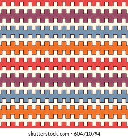 Bright colors seamless pattern with battlement curved lines. Repeated geometric figures wallpaper. Modern style surface texture. Vivid digital paper, textile print, page fill. Vector art