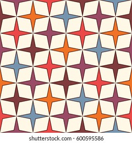 Bright colors seamless pattern with stylized repeating stars. Simple geometric ornament. Modern stylish texture. Vivid digital paper, textile print, page fill. Vector illustration.