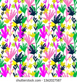 Bright colors seamless pattern. White background. Pink, purple, blue silhouettes of plants. Flowers, leaves, branches, hearts. Tropics, jungle, exotic, juiciness. Vector ornament.