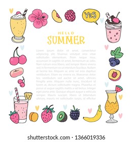 Bright colors set, fruit frame template, cocktails, smoothies and other fruits, isolated objects on white background 