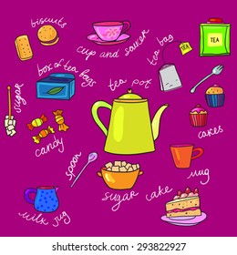 bright colors tea cup and teapot, and other items with inscriptions