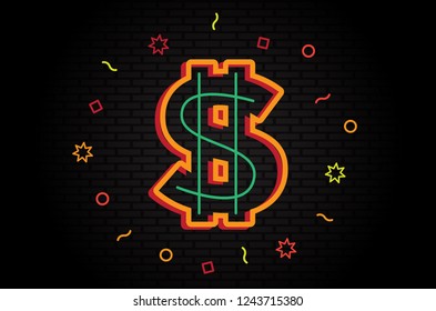 Bright Colors "US Dollar" icon on Dark Wall Background. Vector Illustration.