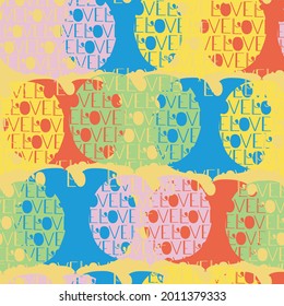 Bright colors with the word Love within heart shapes seamless pattern background design. Great for home interior, fashion and textile design projects. Surface pattern design.