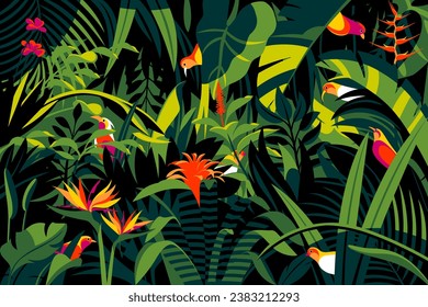 Bright colour birds in the thickets of the flowering rainforest. Handmade drawing vector illustration. Pop art style.
