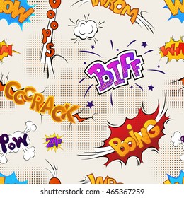 Bright colour comics effects on old paper, seamless pattern