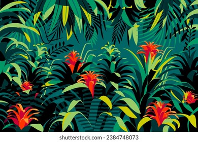 Flores de color brillante en los espesores de la selva tropical verde. Ilustración de vector de dibujo hecha a mano.